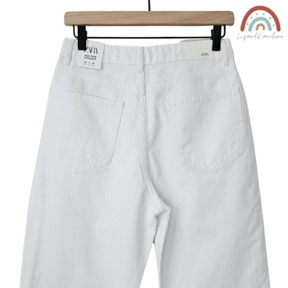 New! Zara High Rise Straight Leg Distressed Button Fly Rigid White Jeans - Picture 6 of 14